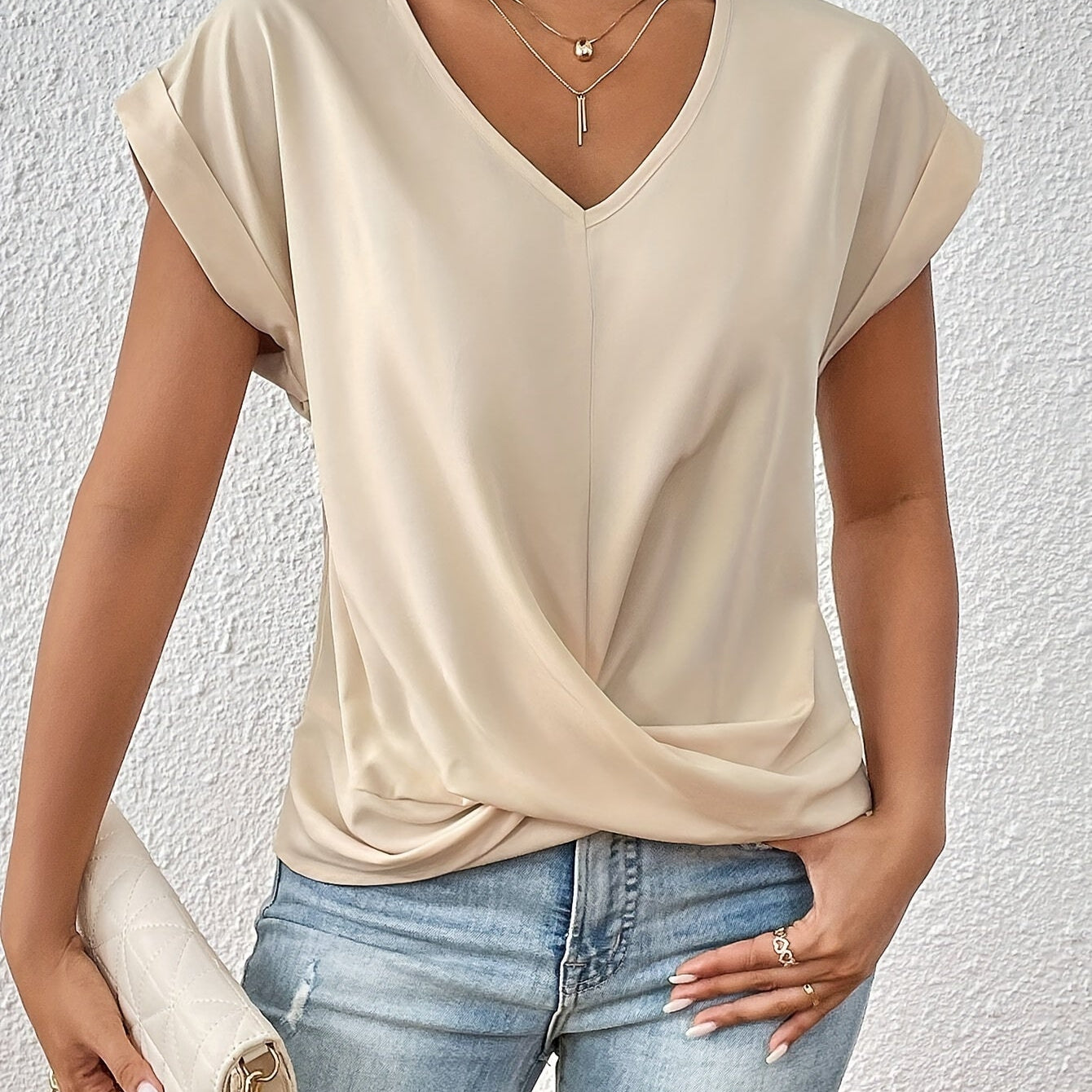 V-Neck Draped Blouse – Women's Elegant Everyday Top