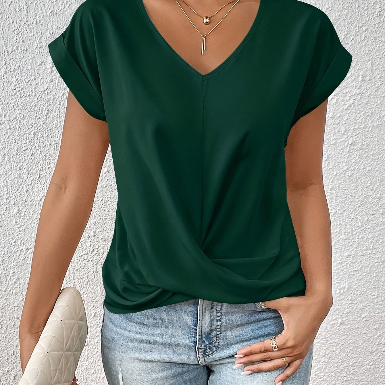 V-Neck Draped Blouse – Women's Elegant Everyday Top