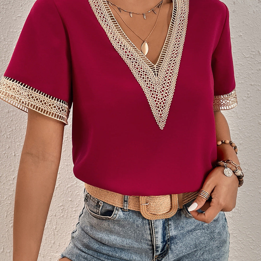 Embroidered V-Neck Satin Blouse – Tops for Women