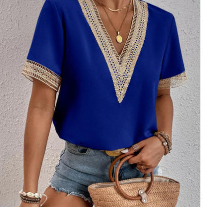 Embroidered V-Neck Satin Blouse – Tops for Women