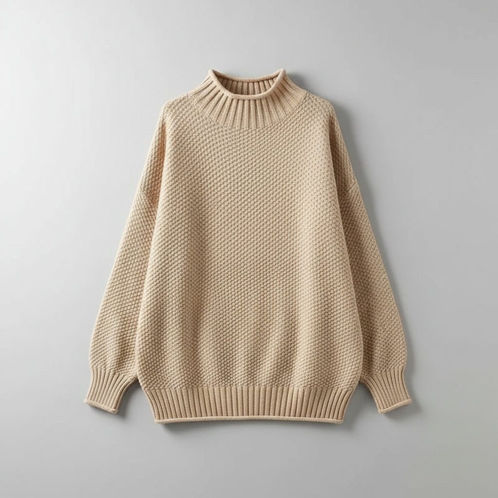 Beige Oversized High-Neck Sweater
