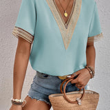 Embroidered V-Neck Satin Blouse – Tops for Women